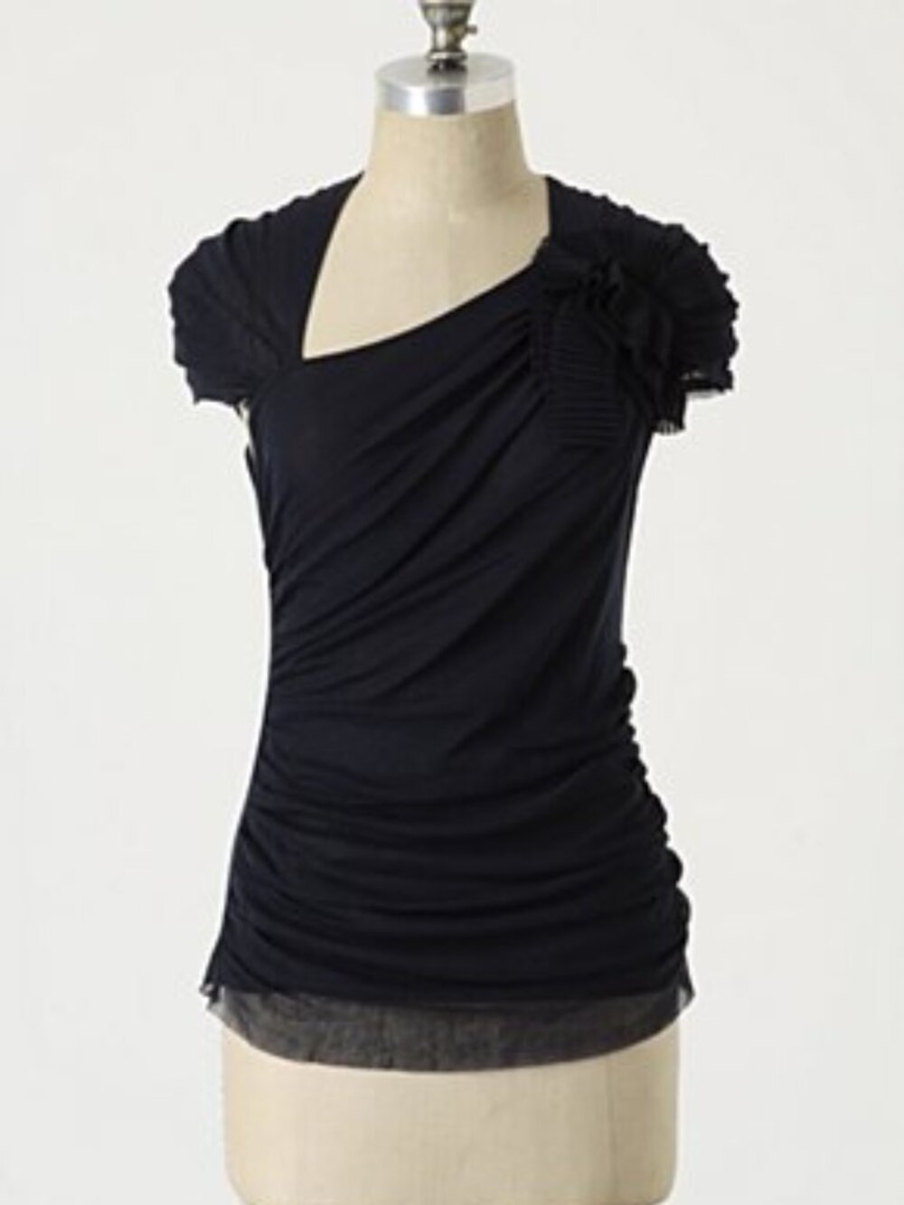 🧶Anthropologie Ruffled Mesh Navy Top, M